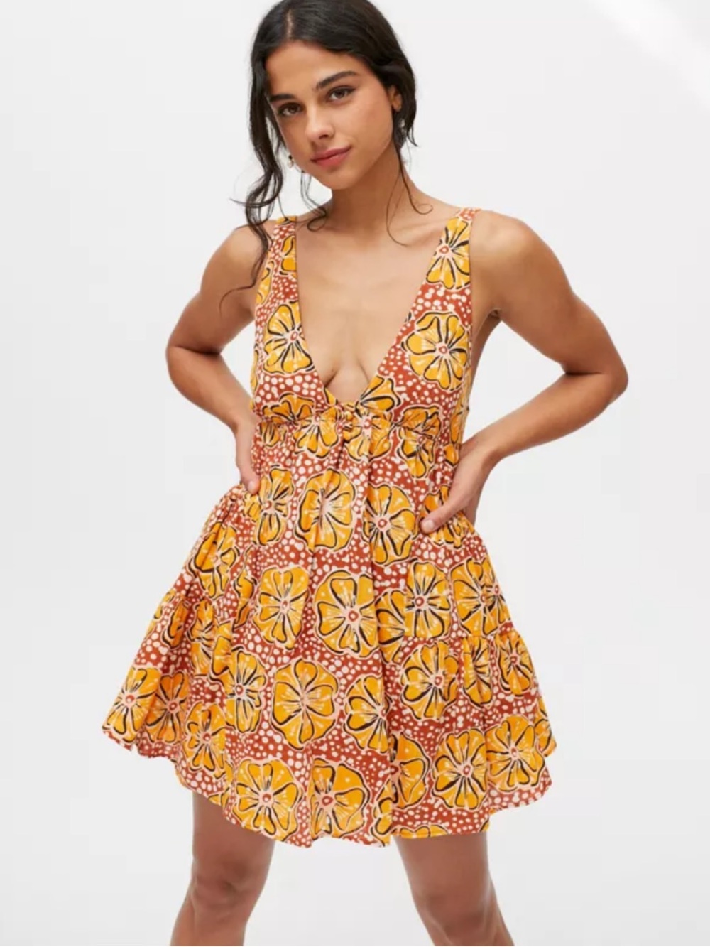 Urban Outfitters Claudette Plunging Frock Mini Dress in Yellow Floral Size XS